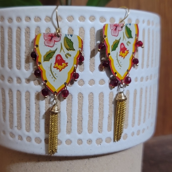 One of a kind handmade floral tassel earrings - Picture 2 of 4